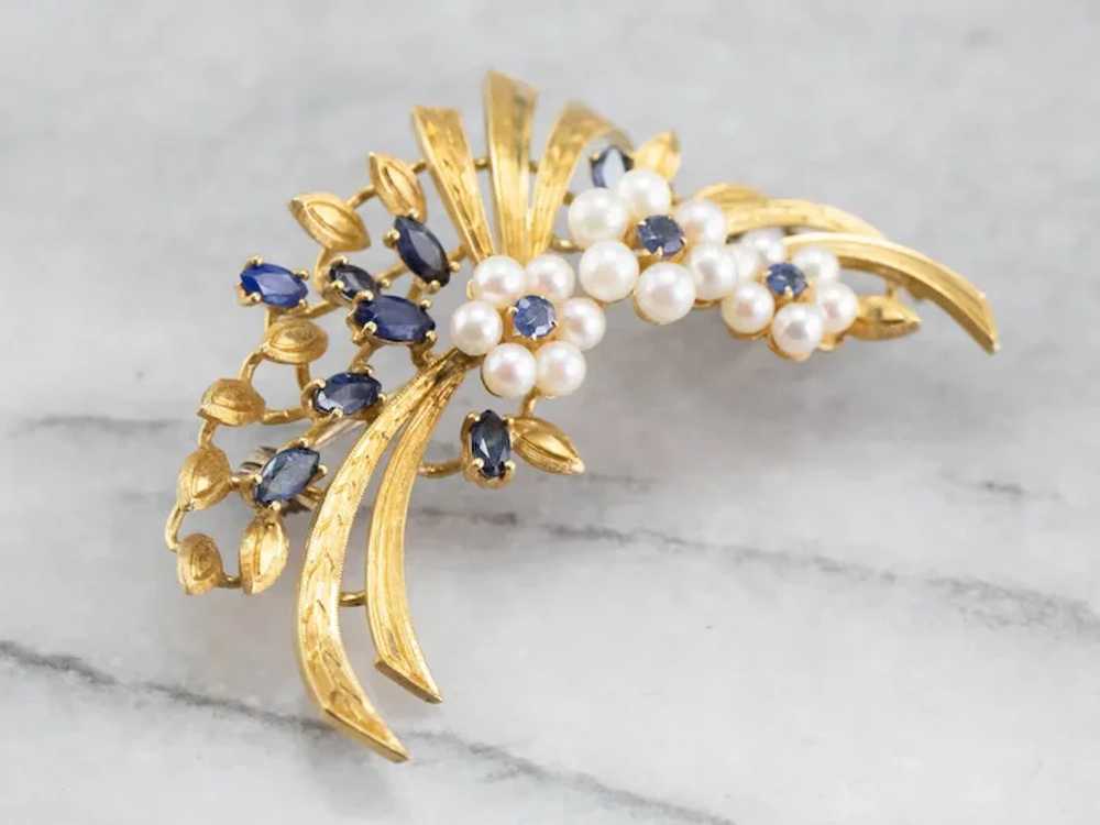 Vintage Floral Marquise Sapphire and Cultured Pea… - image 4