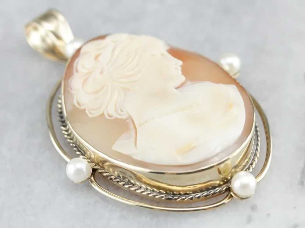 Vintage Cameo and Cultured Pearl Pendant - image 2