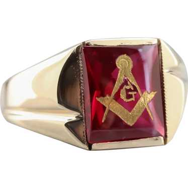 Retro Men's Ruby Red Glass Masonic Ring - image 1