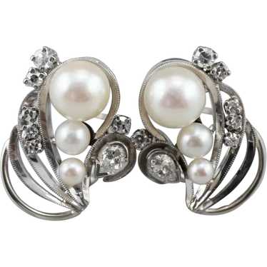 Retro Era Cultured Pearl and Diamond Earrings