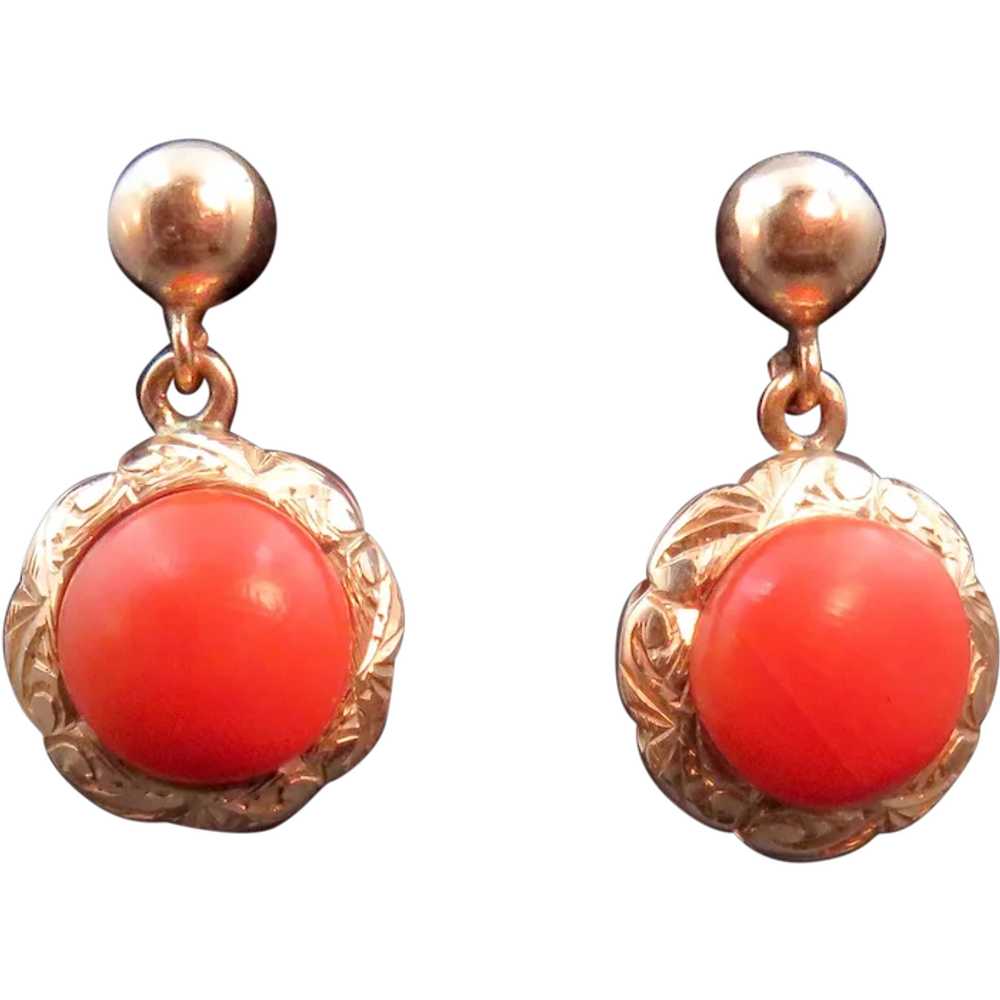 Vintage 14K & Coral Drop Earrings - image 1
