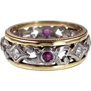 Antique Platinum, 14K, Diamond & Ruby Band Ring - image 1