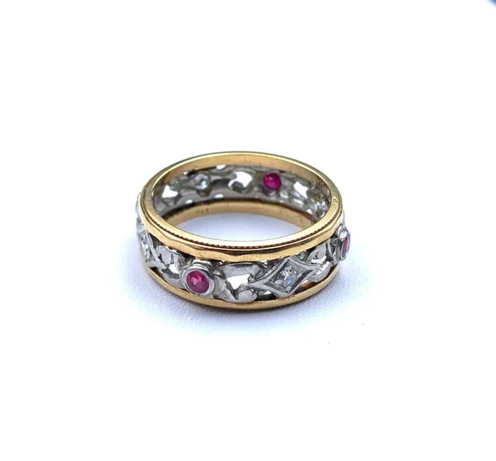 Antique Platinum, 14K, Diamond & Ruby Band Ring - image 2