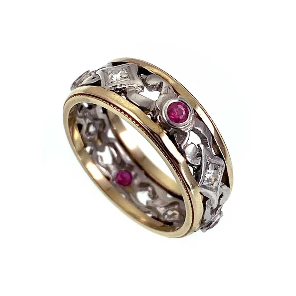 Antique Platinum, 14K, Diamond & Ruby Band Ring - image 3