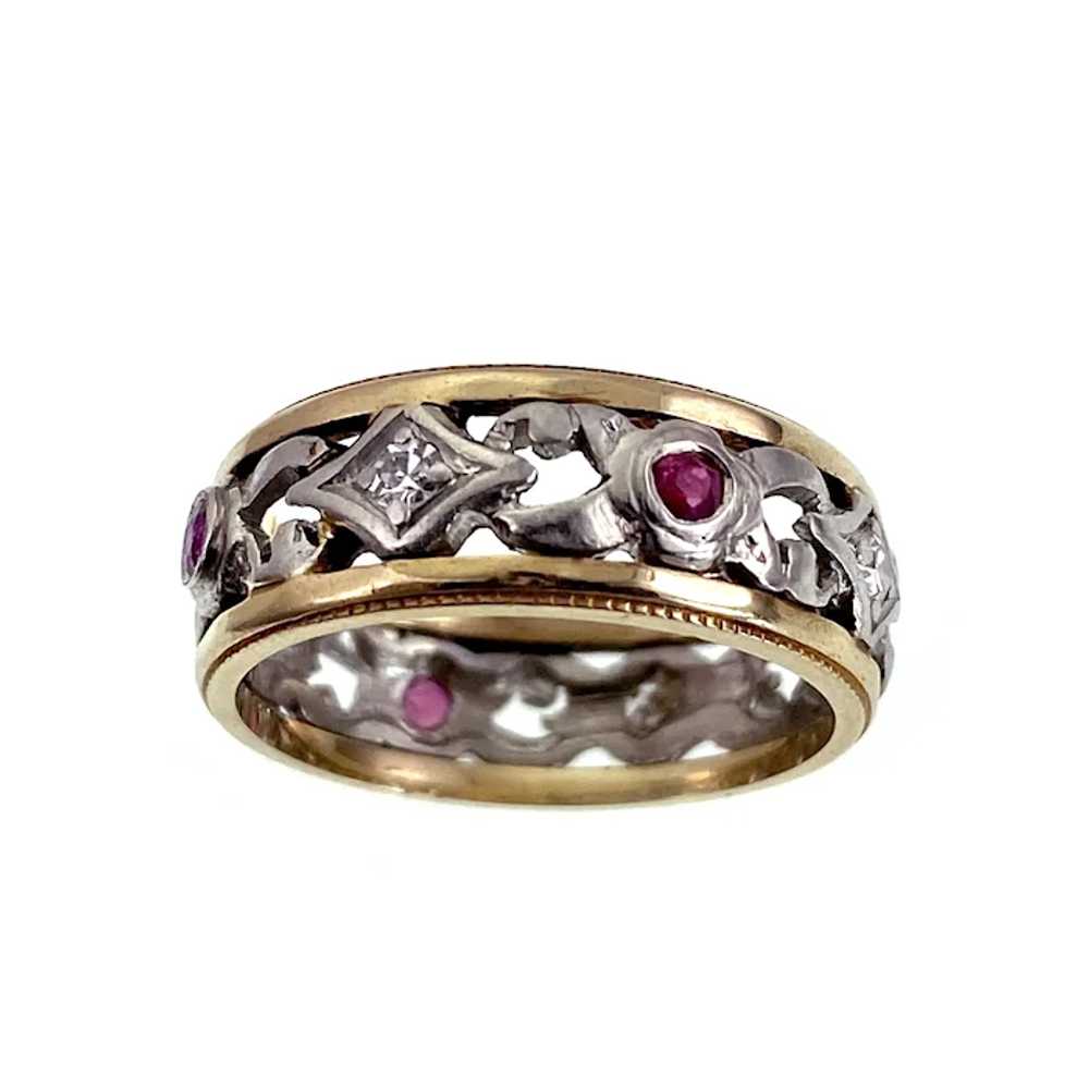 Antique Platinum, 14K, Diamond & Ruby Band Ring - image 4