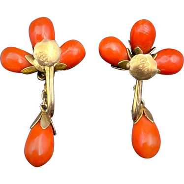 Antique Gold Over Silver & Coral Earrings
