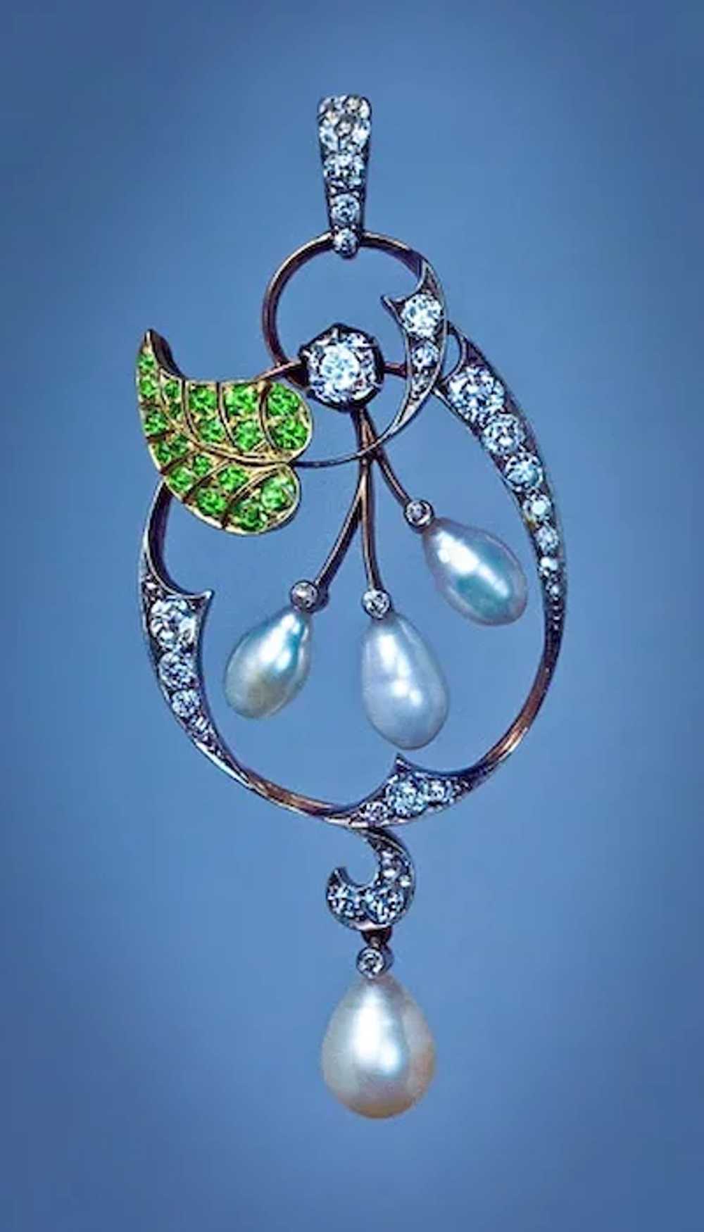 Art Nouveau Antique Diamond Demantoid Pearl  Pend… - image 1