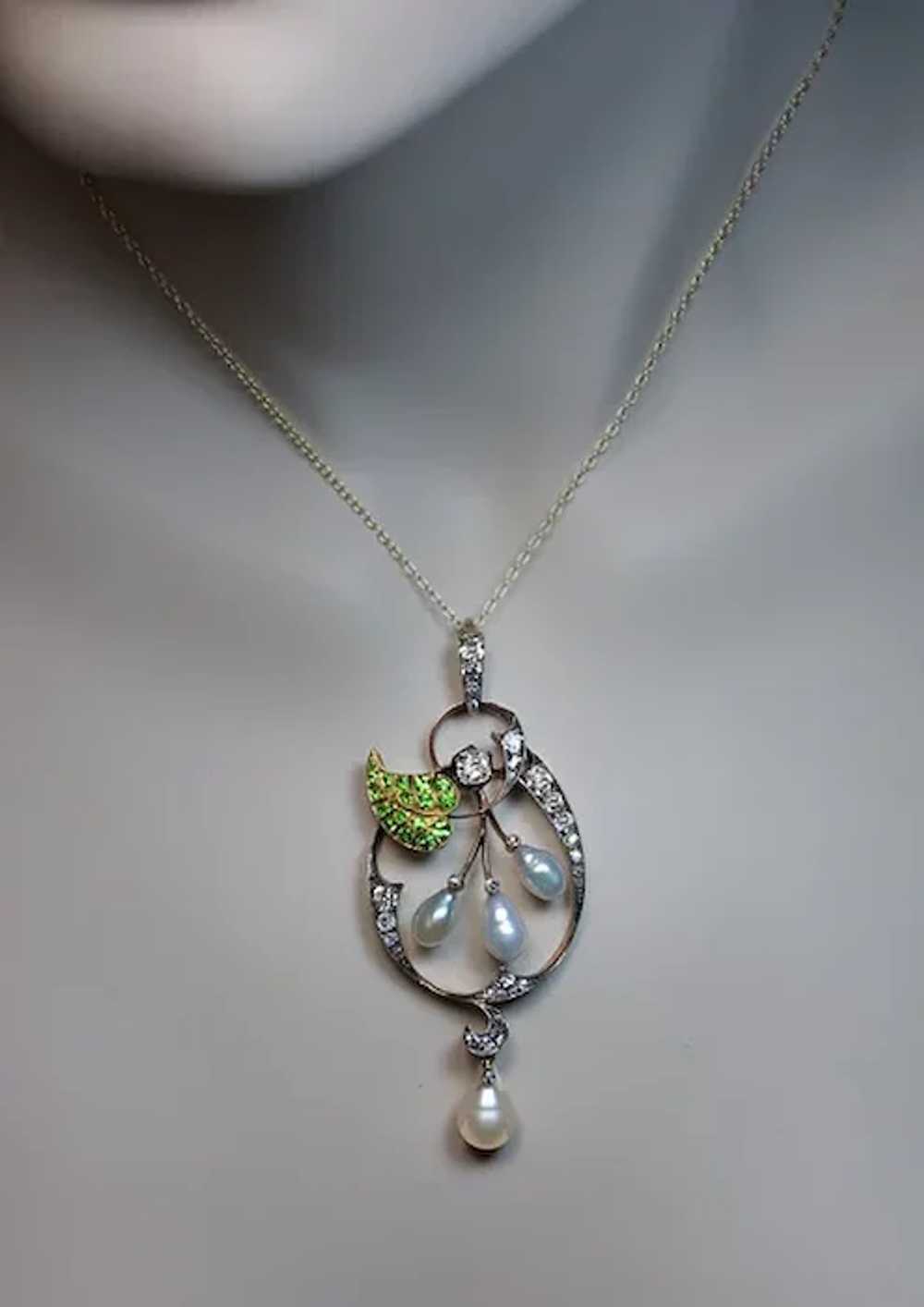 Art Nouveau Antique Diamond Demantoid Pearl  Pend… - image 2