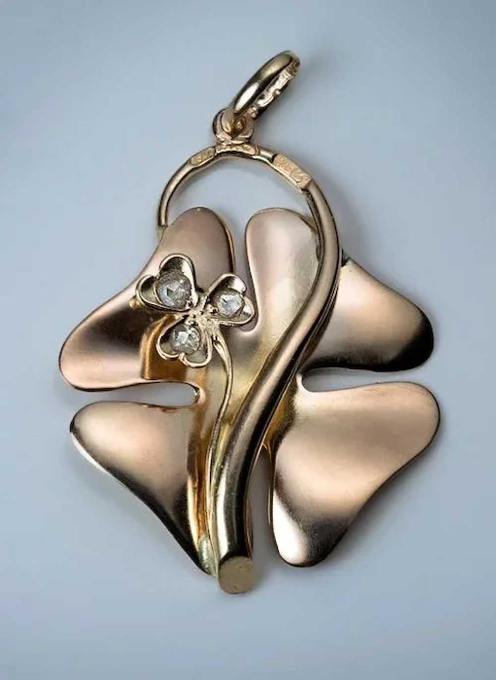 Antique Art Nouveau 14K Rose Gold Clover Pendant - image 3