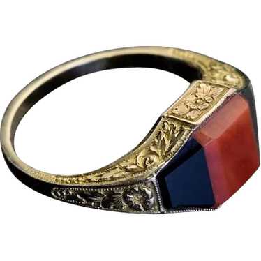 Vintage Art Deco Coral Onyx 14K Gold Unisex Ring - image 1