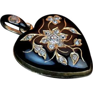 Antique Black Enamel Diamond 18K Gold Heart Shape… - image 1