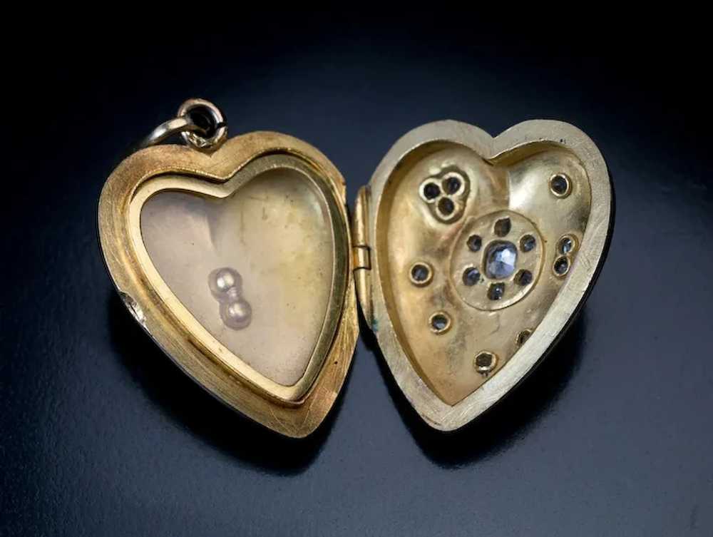 Antique Black Enamel Diamond 18K Gold Heart Shape… - image 3
