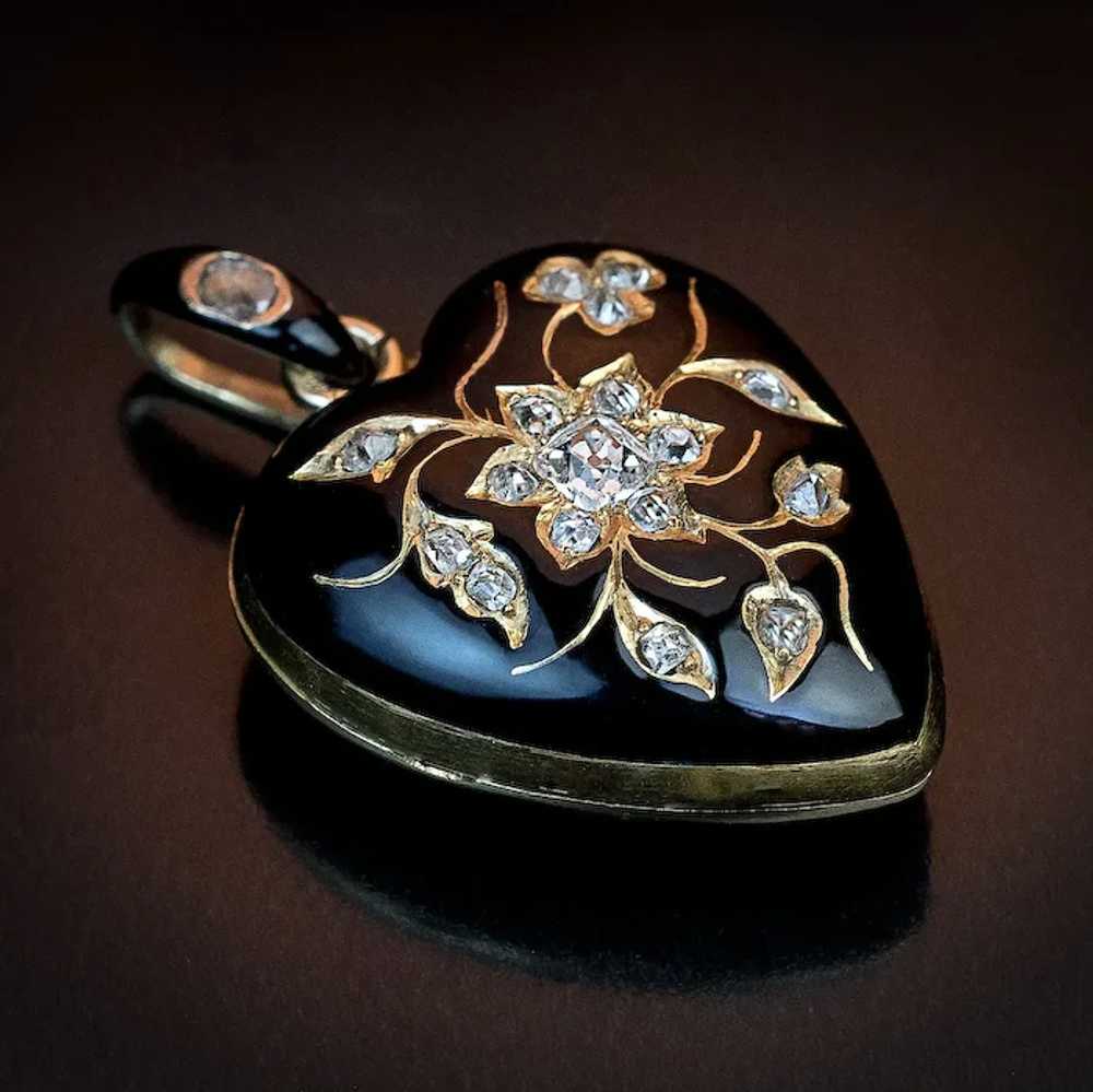 Antique Black Enamel Diamond 18K Gold Heart Shape… - image 4
