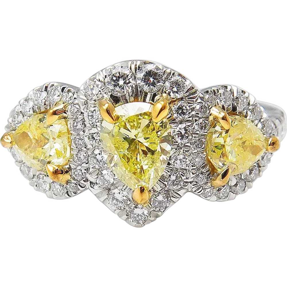 Vintage GIA 2.58ct Yellow Pear Diamond Three Ston… - image 1
