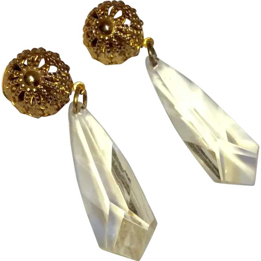 Gold Tone Clear Faceted Lucite Dangle Earrings - image 1