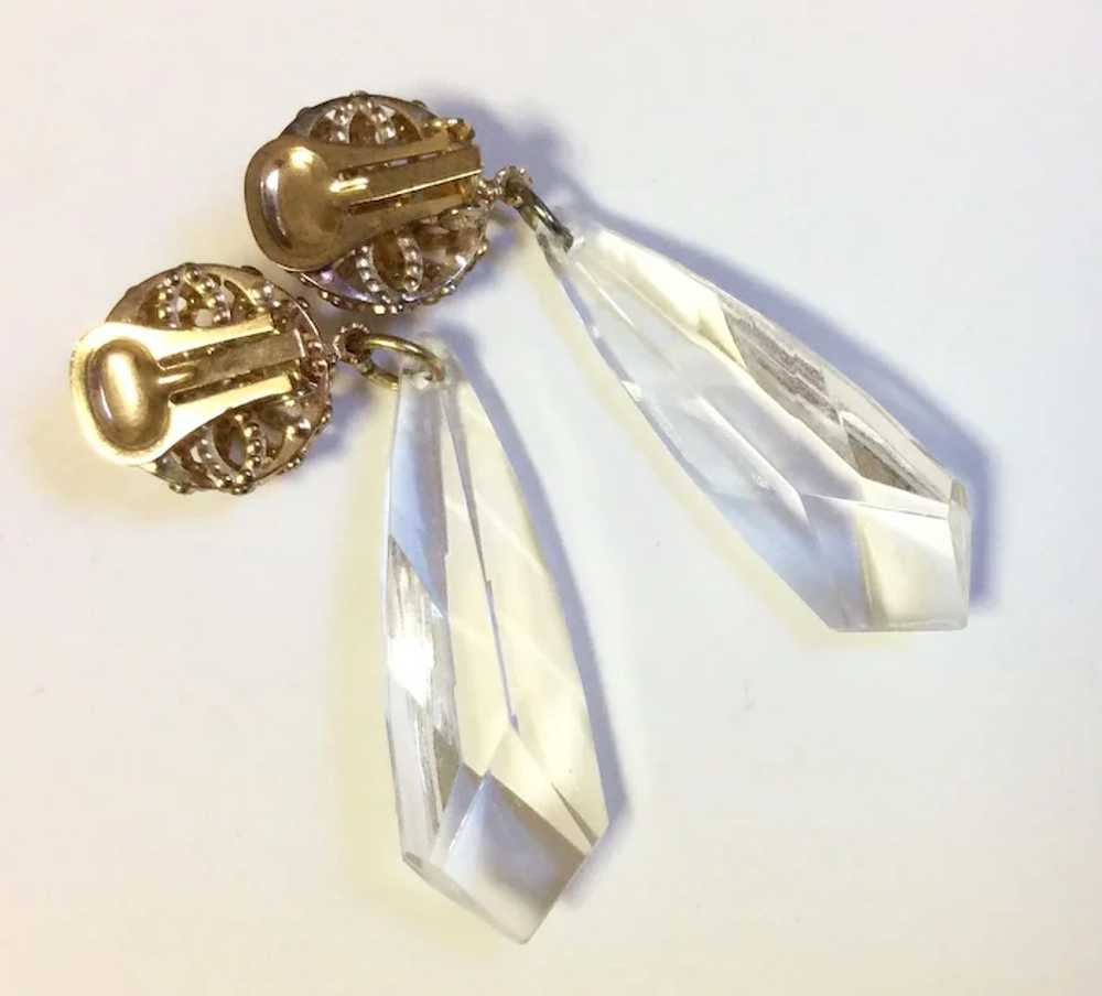 Gold Tone Clear Faceted Lucite Dangle Earrings - image 3