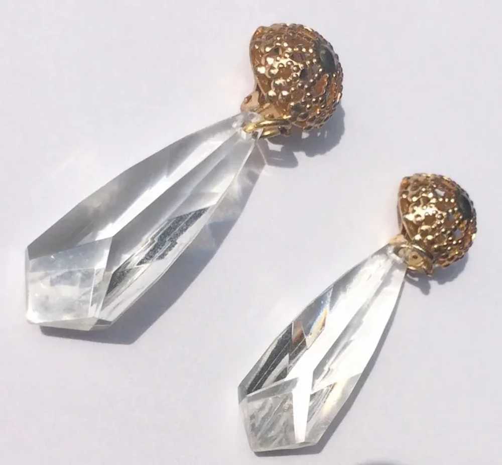 Gold Tone Clear Faceted Lucite Dangle Earrings - image 4