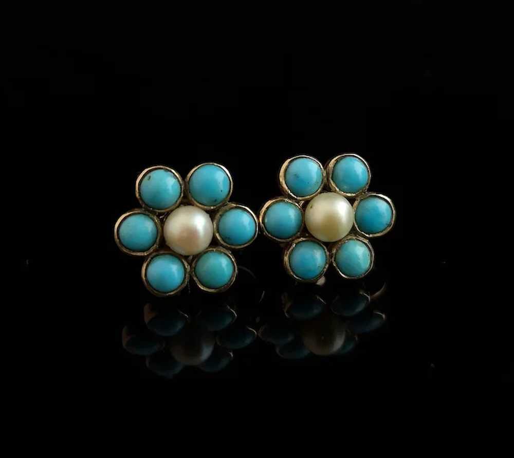 Antique flower earrings, Turquoise and Pearl, 9ct… - image 10