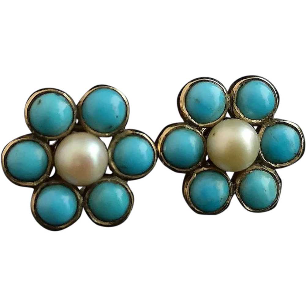 Antique flower earrings, Turquoise and Pearl, 9ct… - image 1
