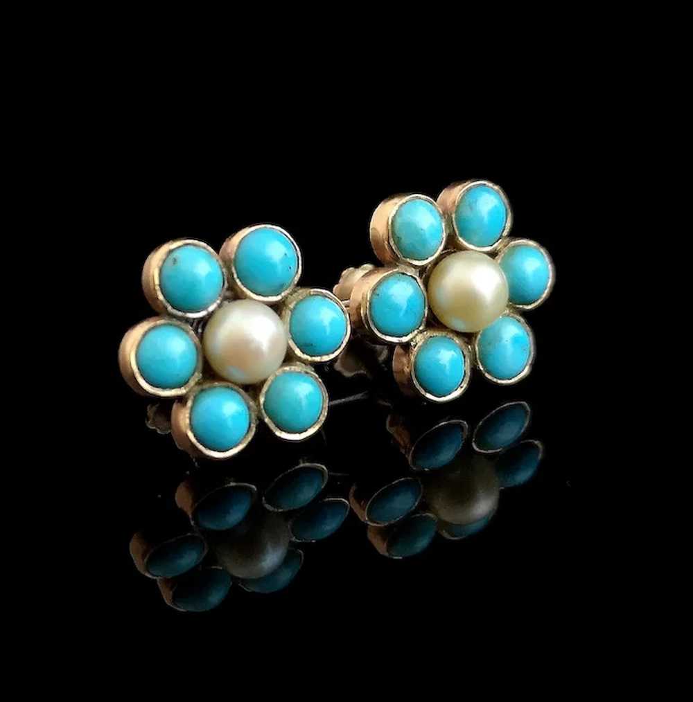 Antique flower earrings, Turquoise and Pearl, 9ct… - image 2