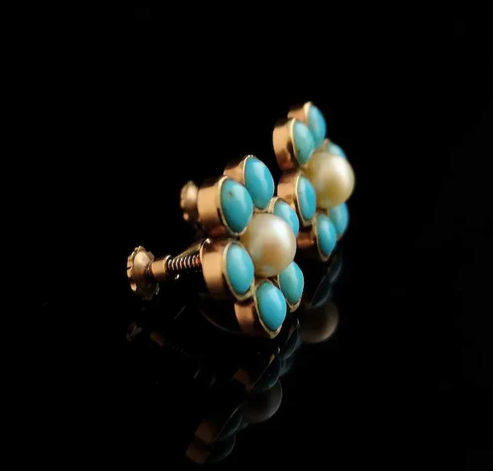 Antique flower earrings, Turquoise and Pearl, 9ct… - image 3