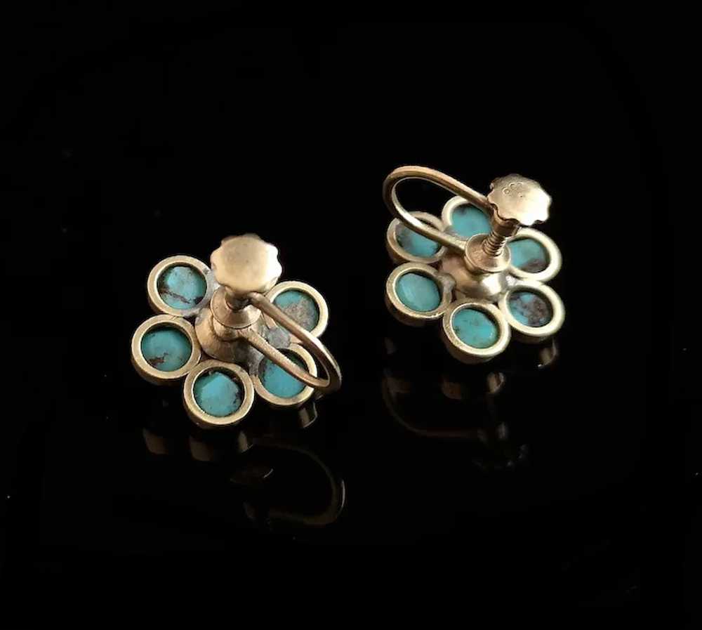 Antique flower earrings, Turquoise and Pearl, 9ct… - image 4