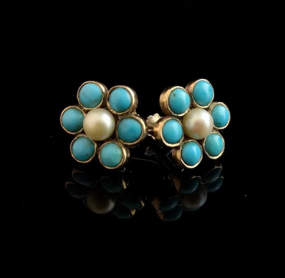 Antique flower earrings, Turquoise and Pearl, 9ct… - image 5