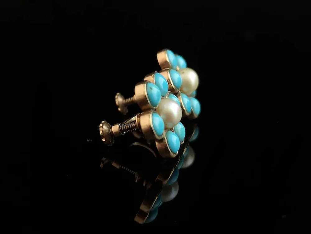 Antique flower earrings, Turquoise and Pearl, 9ct… - image 6