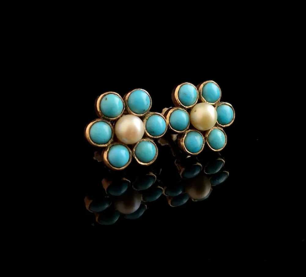 Antique flower earrings, Turquoise and Pearl, 9ct… - image 7