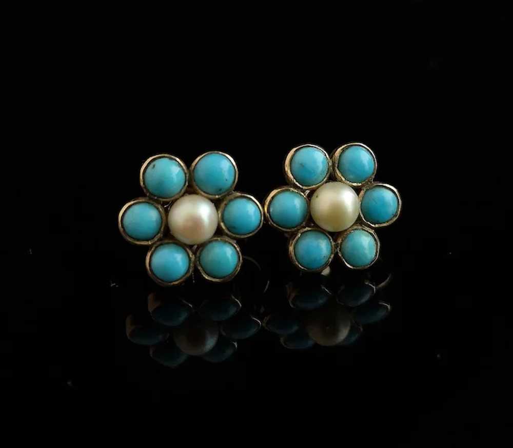 Antique flower earrings, Turquoise and Pearl, 9ct… - image 8