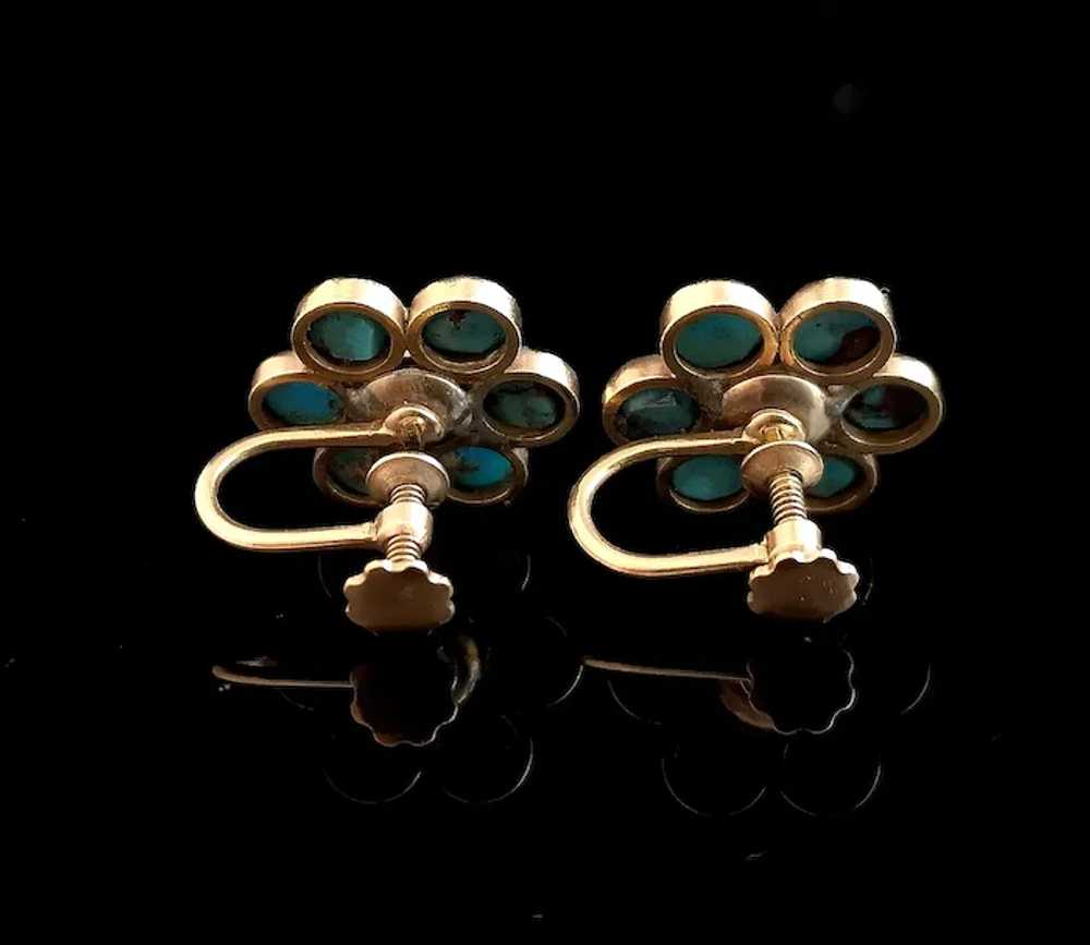 Antique flower earrings, Turquoise and Pearl, 9ct… - image 9