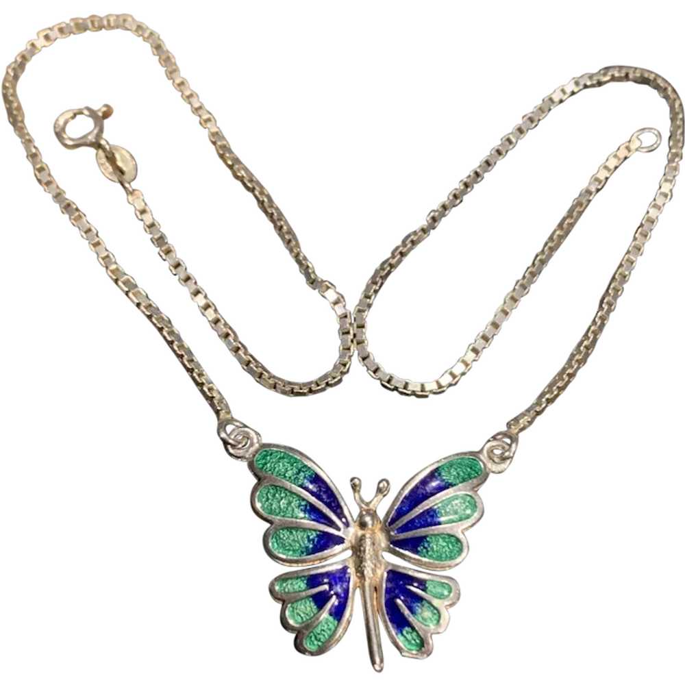 A sweet vintage sterling enamel butterfly necklace - image 1