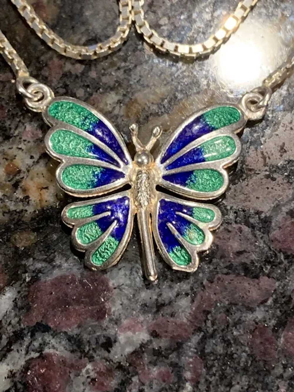 A sweet vintage sterling enamel butterfly necklace - image 2