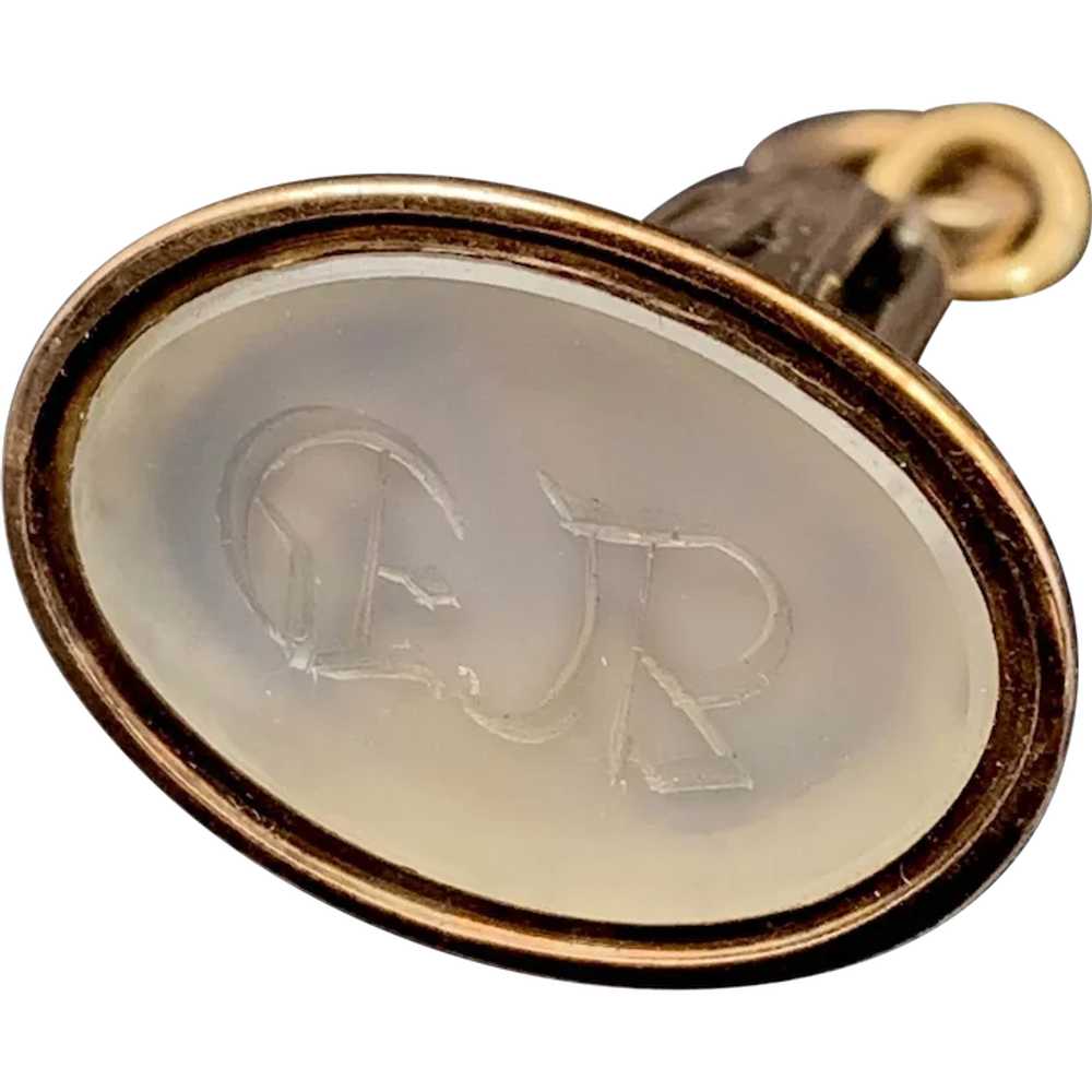 Antique 14K & Engraved White Agate Fob - image 1