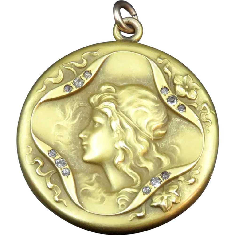 14K  Art Nouveau Gold & Diamond Locket - image 1