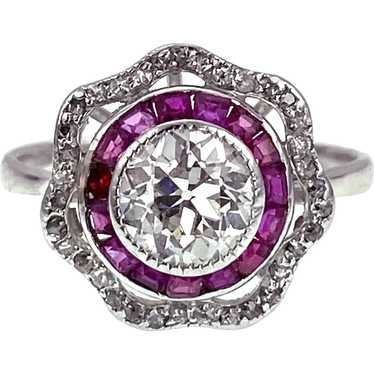 Art Deco 18K, Diamond & Ruby Bullseye Ring - image 1