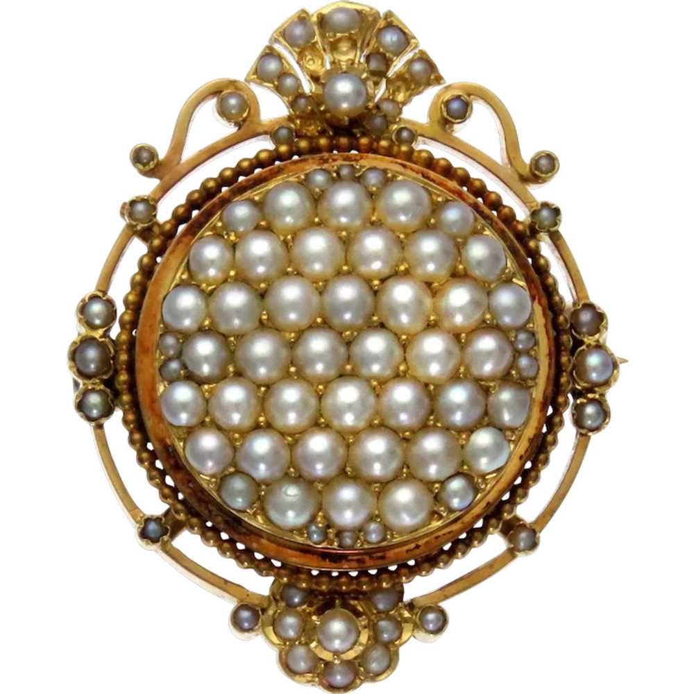 19th Century Pearl Front Face Ornamental Brooch i… - image 1