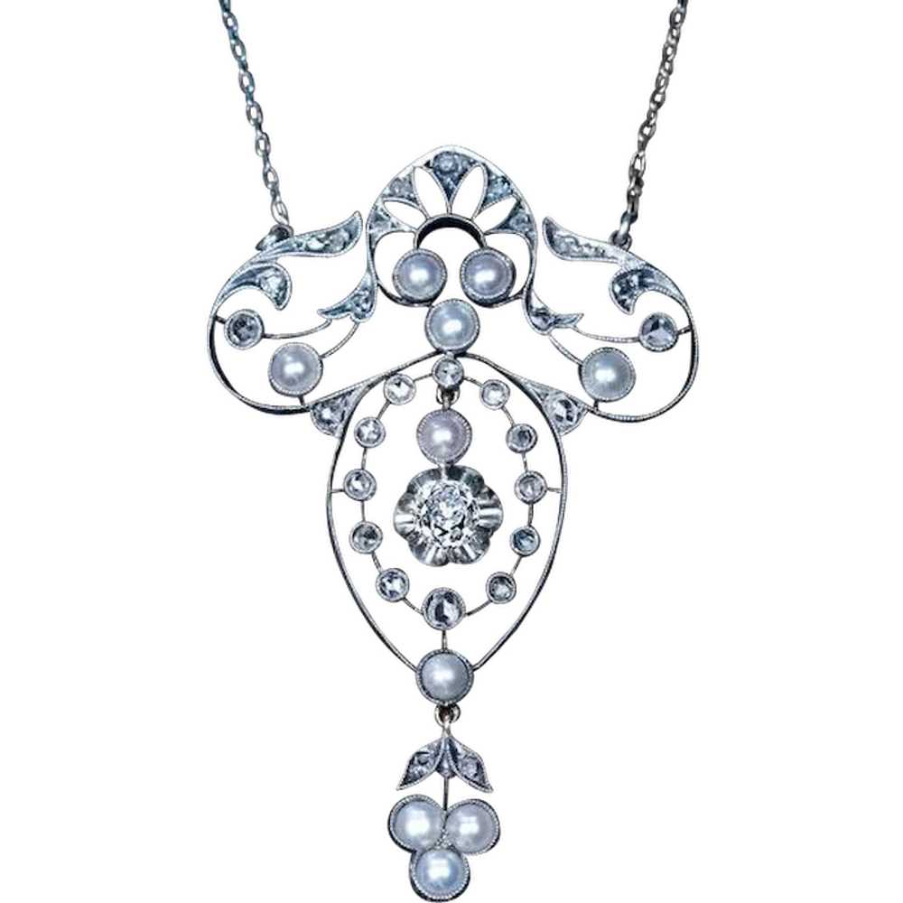 Antique Edwardian Pearl Diamond Pendant Necklace … - image 1