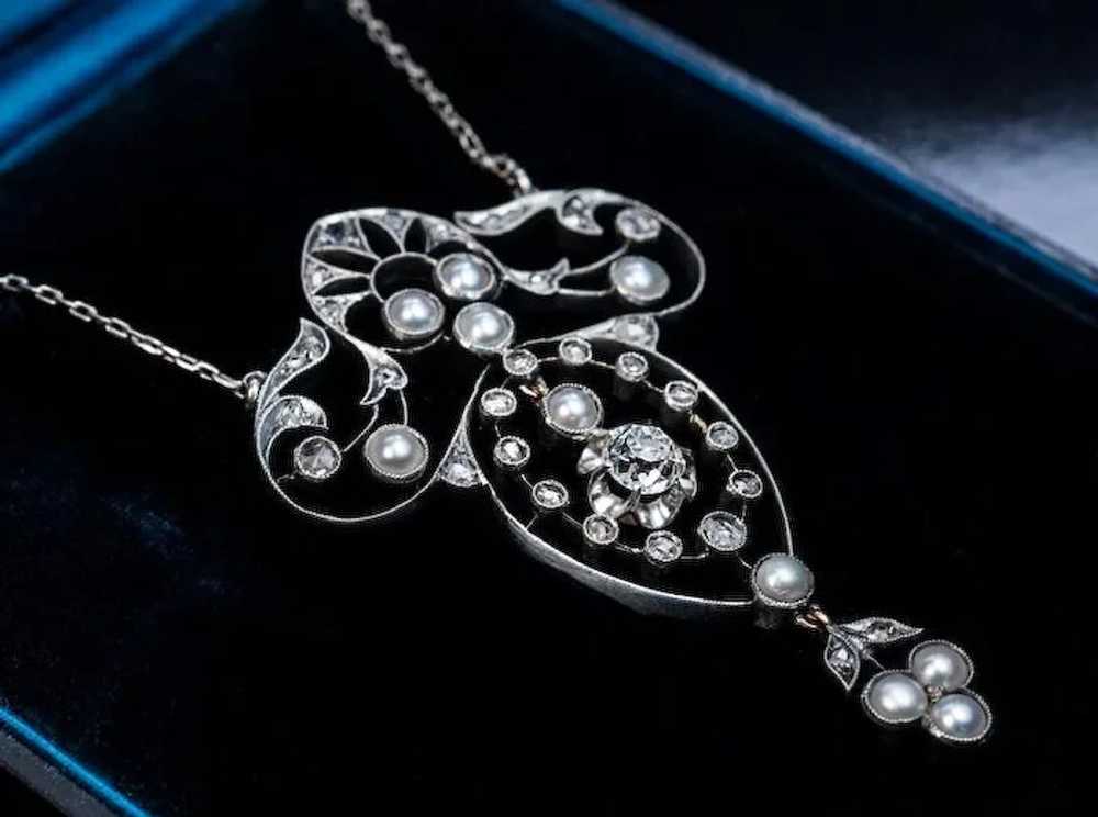Antique Edwardian Pearl Diamond Pendant Necklace … - image 2
