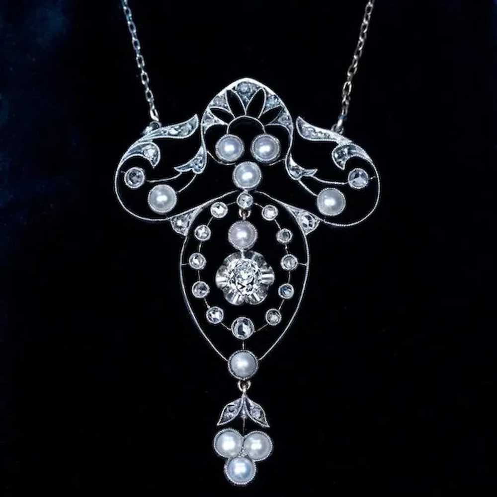 Antique Edwardian Pearl Diamond Pendant Necklace … - image 3