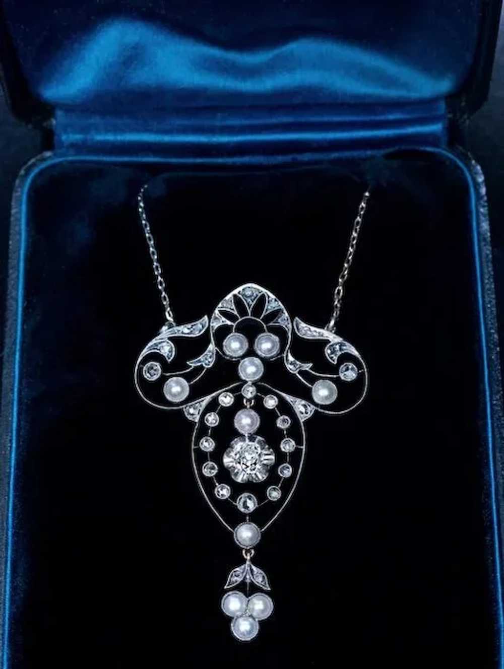 Antique Edwardian Pearl Diamond Pendant Necklace … - image 4