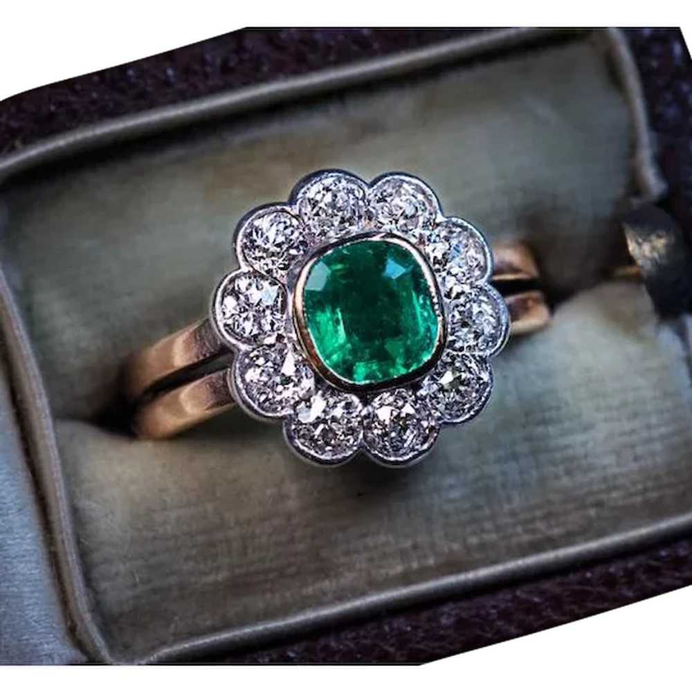 Antique Late 19th Century Emerald Diamond Engagem… - image 1