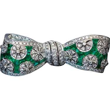 Vintage Art Deco Diamond Emerald Platinum Bow Bro… - image 1