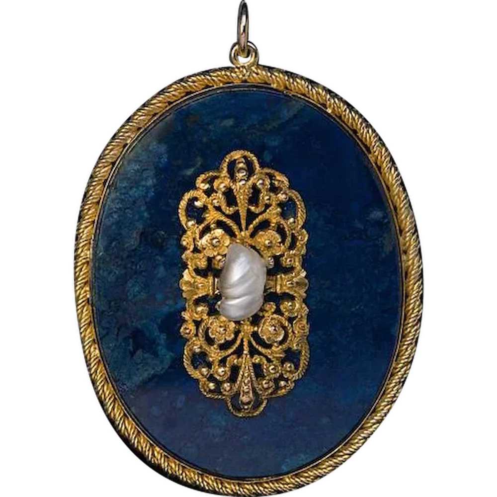 Antique Baroque Style Lapis Lazuli 14k Gold Pearl… - image 1