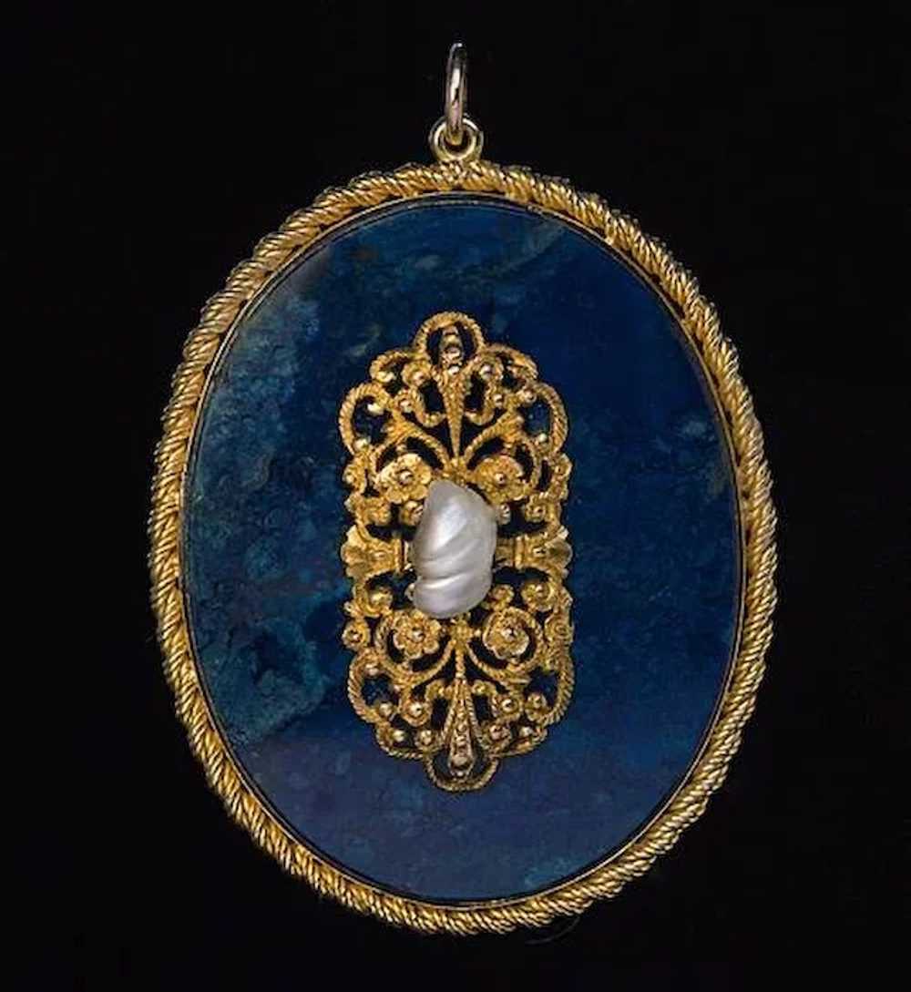 Antique Baroque Style Lapis Lazuli 14k Gold Pearl… - image 3