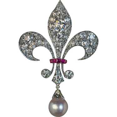 Belle Epoque Antique Diamond Pearl Ruby Fleur-de-… - image 1