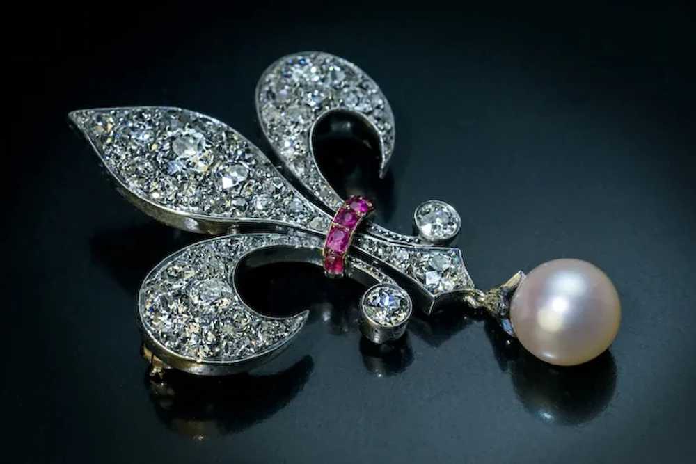 Belle Epoque Antique Diamond Pearl Ruby Fleur-de-… - image 2