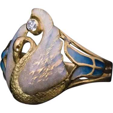 French Art Nouveau Swan Motif Enamel Ring Ref: 62… - image 1