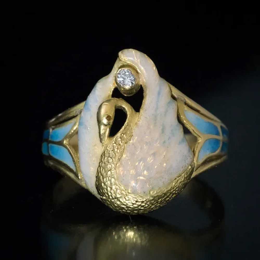 French Art Nouveau Swan Motif Enamel Ring Ref: 62… - image 2