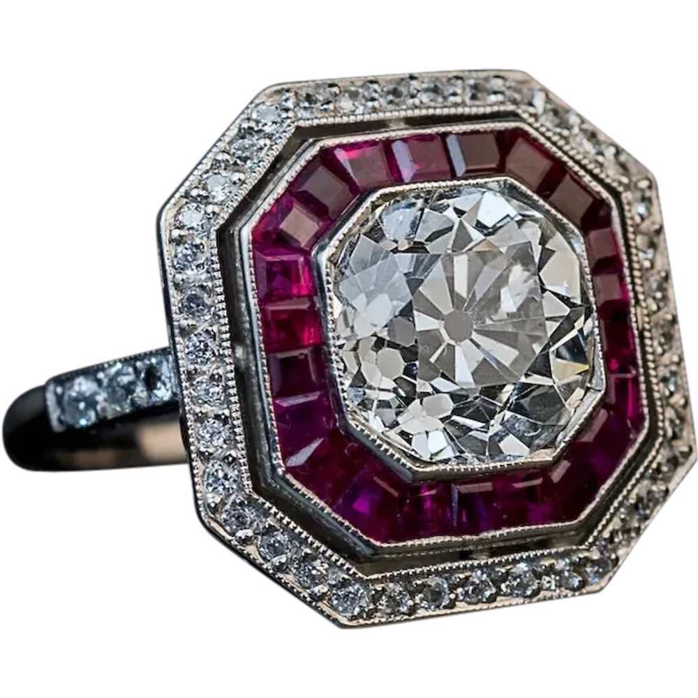 Art Deco 2.67 Ct Diamond Ruby Platinum Engagement… - image 1